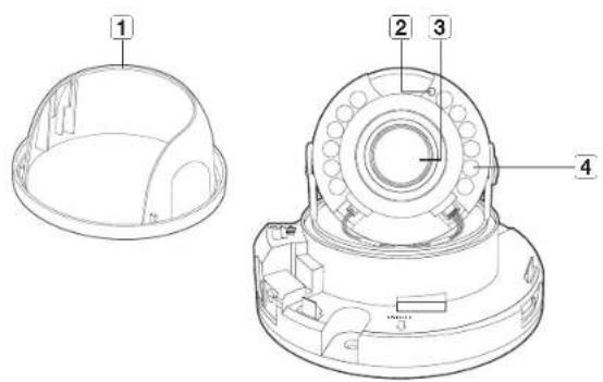 Technical diagram of a device with labeled parts, showing front and side views of a dome-shaped component.