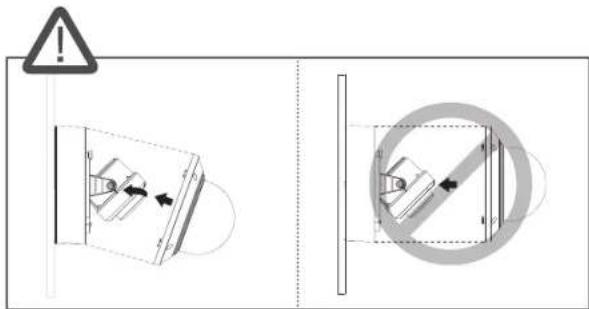 Technical diagram showing safety warning and mechanical component disassembly with labeled arrows and a magnified inset view.