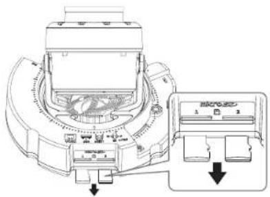 Technical diagram of a mechanical device with labeled components and directional arrows indicating assembly or operation.