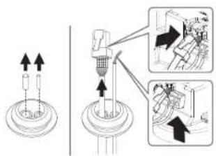 Technical diagram showing mechanical assembly steps with directional arrows and magnified views of components
