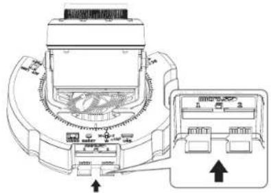 Technical diagram of a device with labeled components and directional arrows indicating assembly or movement.
