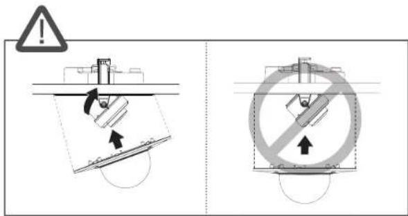 Safety warning illustration showing hazard and no crossing symbol on a device with safety symbols