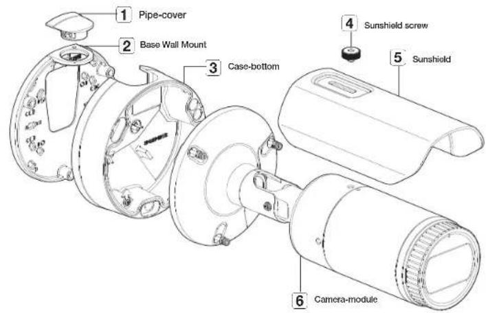1 Pipe-cover 2 Base Wall Mount 3 Case-bottom 4 Sunshield screw 5 Sunshield 6 Camera-module