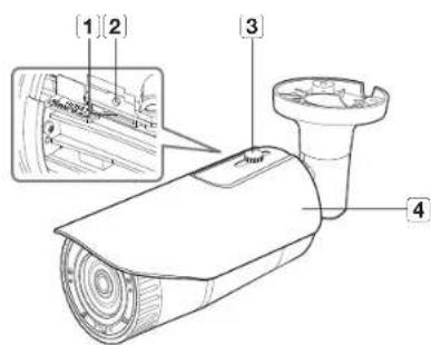 Technical diagram of a surveillance camera with labeled parts and an inset showing internal components