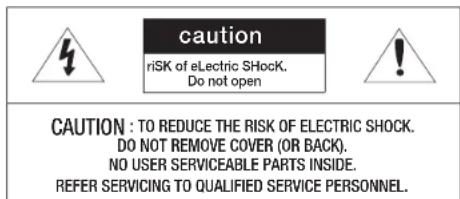 caution riSK of eElectric SHock. Do not open CAUTION : TO REDUCE THE RISK OF ELECTRIC SHOCK. DO NOT REMOVE COVER (OR BACK). NO USER SERVICEABLE PARTS INSIDE. REFER SERVICING TO QUALIFIED SERVICE PERSONNEL.