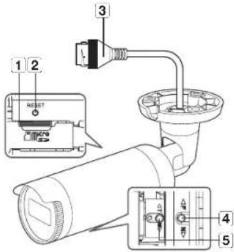 Diagram of a camera lens system with labeled components including reset, connector, and adjustment knobs