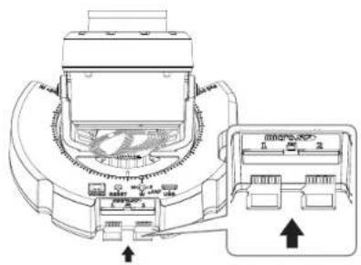 Technical diagram of a mechanical device with labeled components and directional arrows indicating assembly or movement.