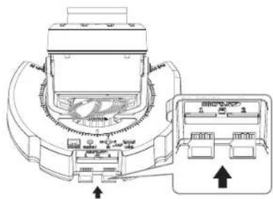 Technical diagram of a mechanical device with labeled ports and directional arrows indicating assembly or movement.