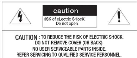 caution riSK of eElectric SHock. Do not open CAUTION : TO REDUCE THE RISK OF ELECTRIC SHOCK. DO NOT REMOVE COVER (OR BACK). NO USER SERVICEABLE PARTS INSIDE. REFER SERVICING TO QUALIFIED SERVICE PERSONNEL.