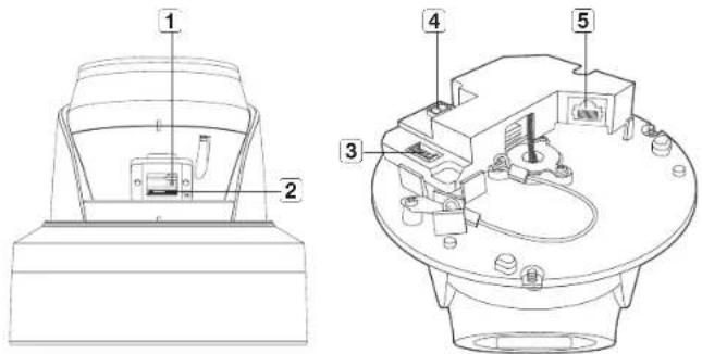 Technical diagram of a device with labeled components, including front and top views with numbered parts.