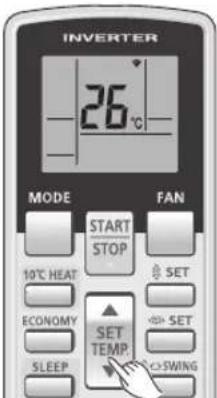 INVERTER 26°C MODE FAN START STOP 10°C HEAT ECONOMY SLEEP SET SET SET SWING
