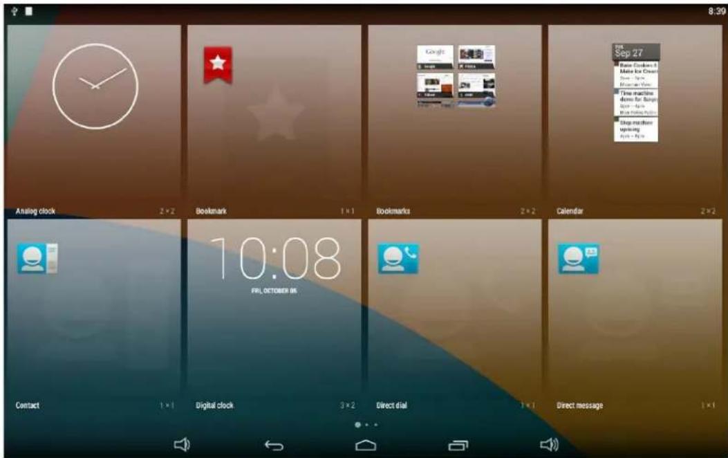 8:39 Analog clock 2×2 Bookmark 1×1 Bookmarks 2×2 Calendar 2×2 10:08 FRI, OCTOBER 06 Contact 1×1 Digital clock 3×2 Direct dial 1×1 Direct message 1×1