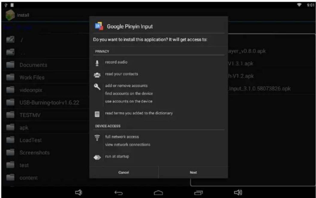 Google Pinyin Input Do you want to install this application? It will get access to: PRINACY record audio read your contacts add or remove accounts find accounts on the device use accounts on the device read terms you added to the dictionary DEVICE ACCESS full network access view network connections run at startup Cancel Next