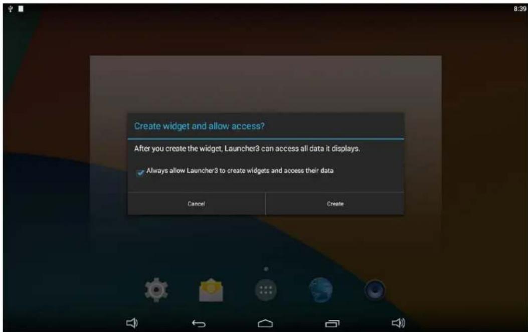 Create widget and allow access? After you create the widget, Launcher3 can access all data it displays. ✓ Always allow Launcher3 to create widgets and access their data Cancel Create