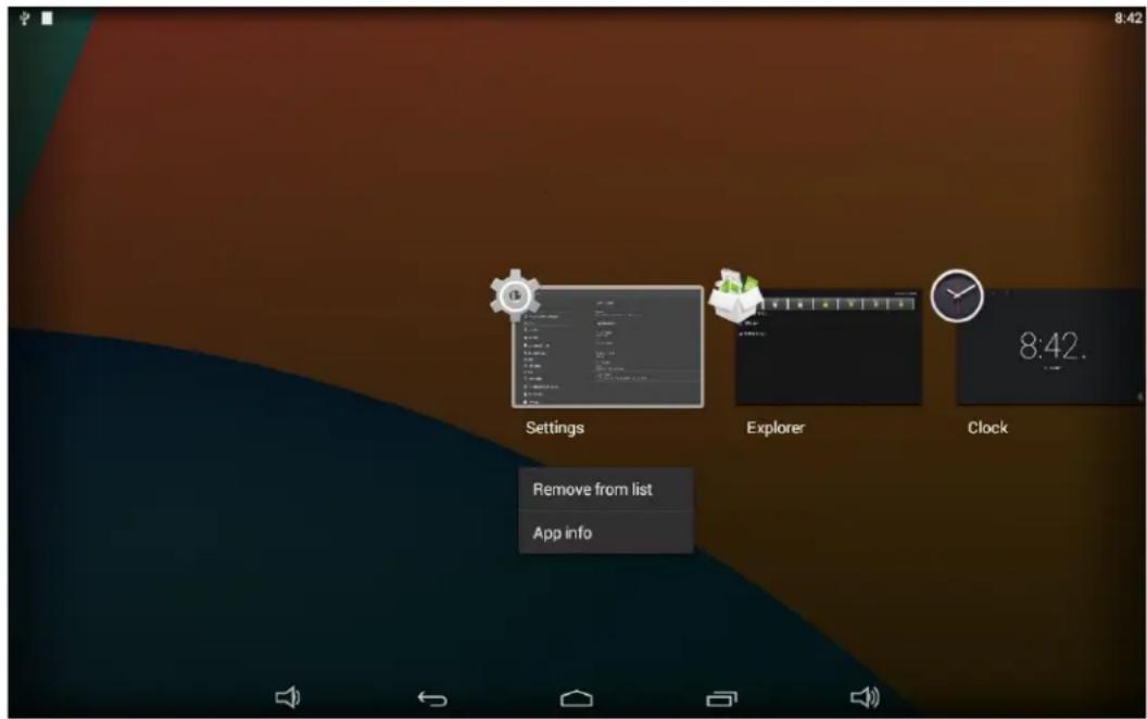 Settings Explorer Clock 8:42. Remove from list App info
