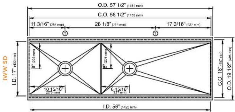 O.D. 57 1/2" (1461 mm) C.O. 56 1/2" (1435 mm) 11 3/16" (284 mm) 28 1/8" (714 mm) 17 3/16" (437 mm) I.D. 17" (432 mm) I.D. 56" (1422 mm) 10 15/16" (275 mm) 8" (203 mm) 8" (205 mm) 8 15/16" (227 mm) C.O. 18" (457 mm) O.D. 19 1/2" (495 mm)