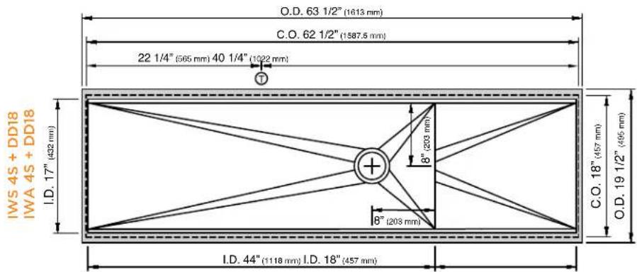 O.D. 63 1/2" (1613 mm) C.O. 62 1/2" (1587.5 mm) 22 1/4" (565 mm) 40 1/4" (1022 mm) I.D. 17" (432 mm) I.WS 4S + DD18 IWA 4S + DD18 + - 8" (203 mm) 8" (203 mm) C.O. 18" (457 mm) O.D. 19 1/2" (495 mm) I.D. 44" (1118 mm) I.D. 18" (457 mm)