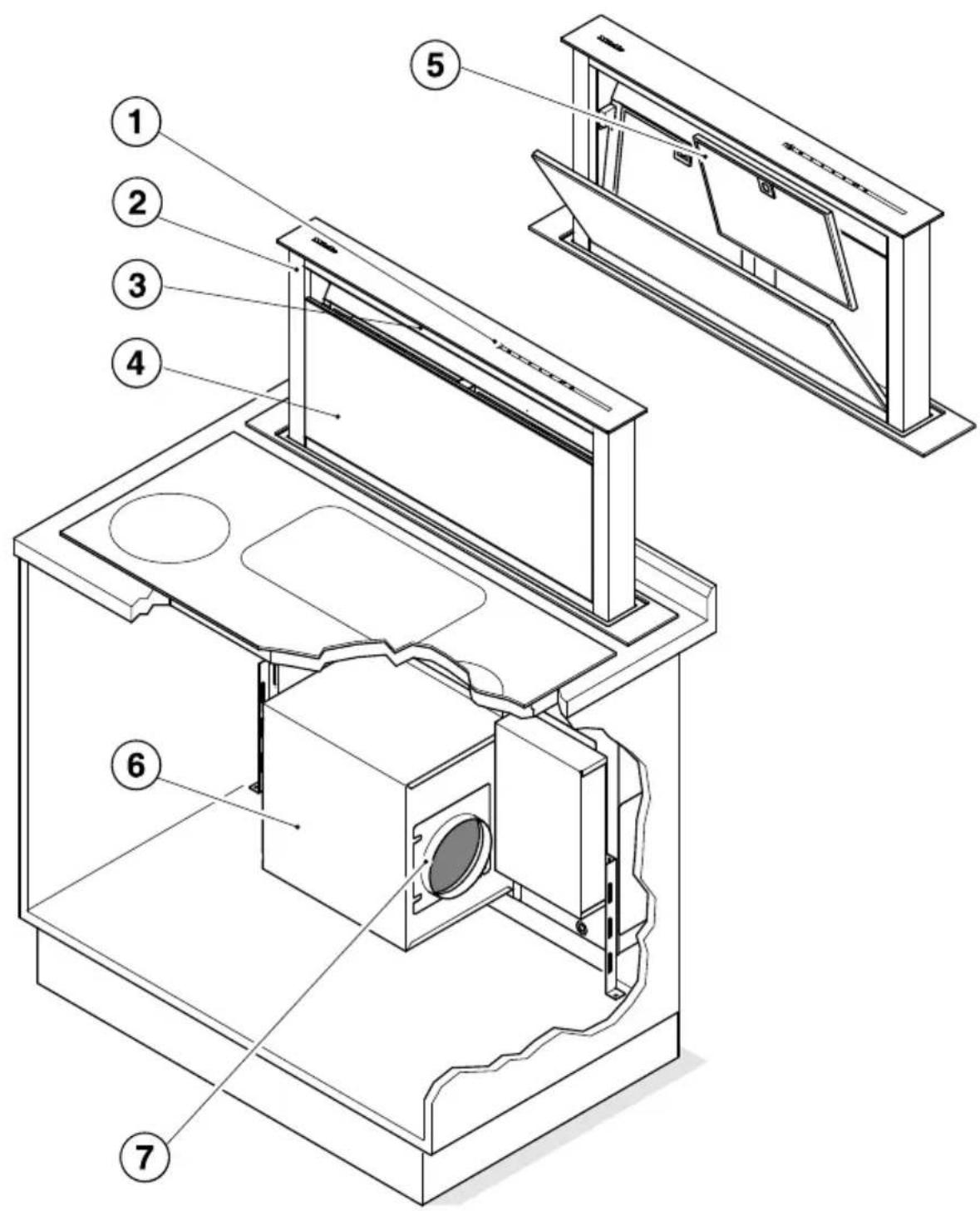 Technical diagram of a device with numbered components, showing internal structure and assembly layout.