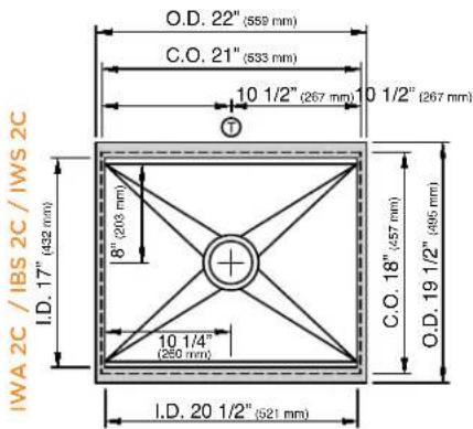 IWA 2C / IBS 2C / IWS 2C O.D. 22" (559 mm) C.O. 21" (533 mm) 10 1/2" (267 mm) 10 1/2" (267 mm) T 8" (203 mm) 10 1/4" (260 mm) I.D. 17" (432 mm) C.O. 18" (457 mm) O.D. 19 1/2" (496 mm) I.D. 20 1/2" (521 mm)