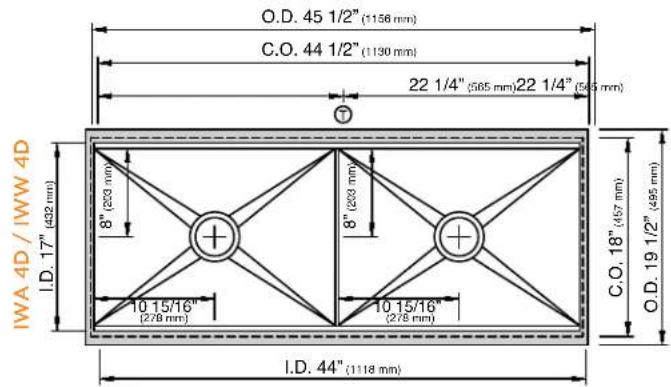 O.D. 45 1/2" (1156 mm) C.O. 44 1/2" (1130 mm) 22 1/4" (565 mm) 22 1/4" (545 mm) I.WA 4D / IWW 4D I.D. 17" (432 mm) 8" 8" 8" 10 15/16" (278 mm) 10 15/16" (278 mm) C.O. 18" (457 mm) O.D. 19 1/2" (495 mm) I.D. 44" (1118 mm)