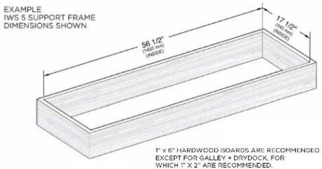 EXAMPLE IWS 5 SUPPORT FRAME DIMENSIONS SHOWN 56 1/2" (745 mm) (M8X0E) 17 1/2" (440 mm) (M9X0E) T" X 6" HARDWOOD BOARDS ARE RECOMMENDED EXCEPT FOR GALLEY + DRYDOCK, FOR WHICH T" X 2" ARE RECOMMENDED.