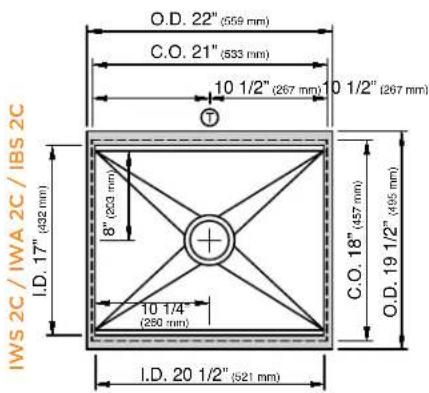 IWS 2C / IWA 2C / IBS 2C O.D. 22" (559 mm) C.O. 21" (533 mm) 10 1/2" (267 mm) 0 1/2" (267 mm) 8" (203 mm) 10 1/4" (250 mm) I.D. 17" (432 mm) C.O. 18" (457 mm) O.D. 19 1/2" (495 mm) I.D. 20 1/2" (521 mm)