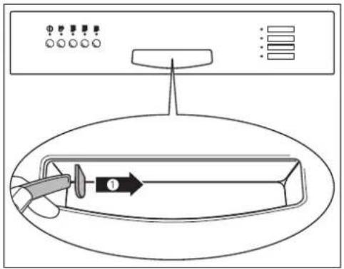 Diagram of a medical or laboratory device with labeled control panel and directional arrow indicating motion or force