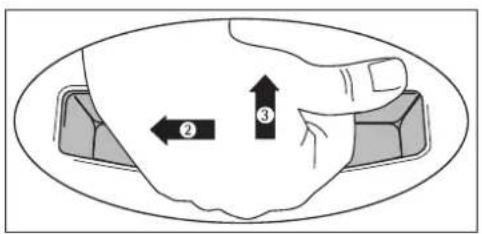 Diagram showing hand positioning with numbered arrows indicating movement or direction, labeled ② and ③.