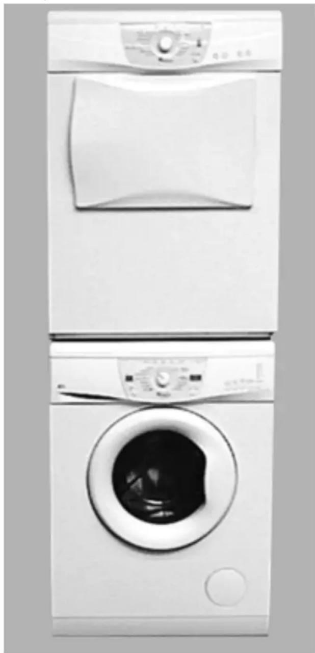 Front and back view of a white washing machine with a large paper towel, showing front panel and side panel (no visible text or symbols)