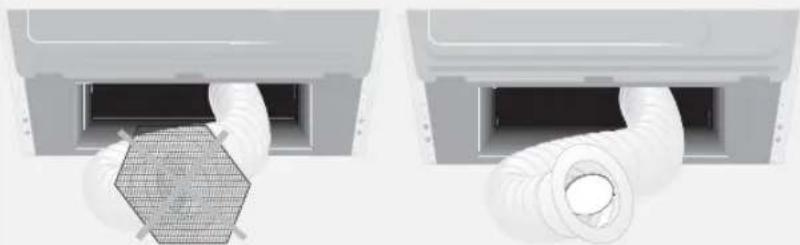 Two technical illustrations of a washing machine with mesh insulation and coiled tubing (no text or symbols)