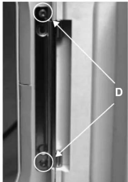 Close-up of a door handle with two circular arrows pointing to the lock and a labeled point D (no text or symbols beyond labels)