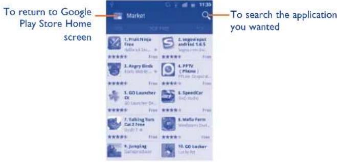 To return to Google Play Store Home screen Market 1. Plain Ninja Free 2. Vergrating and had 5.6 S Sugars from the 4. Angry Birds Rocky Thunder... 3. PPTV ( Phone ) 4. PPTV ( Phone ) 5. GO Launcher EX GO Launcher De... 6. SpeedCar BMO Studio 7. Talking Tom Car 2 Free Woodward Drive... 8. Malfa Farm Body IT... 9. Jumping Saharopodoo 10. GO Locker Lucky Art To search the application you wanted
