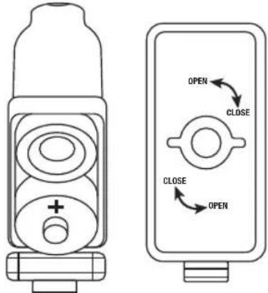 Diagram showing two types of electronic device buttons with labeled open/close states and polarity indicators