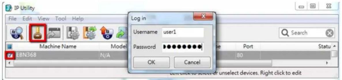 IP Utility File Edit View Tool Help Log in Username user1 Password OK Cancel EBN368 N/A Search Port Status 80 Left click to select or unselect devices. Right click to edit