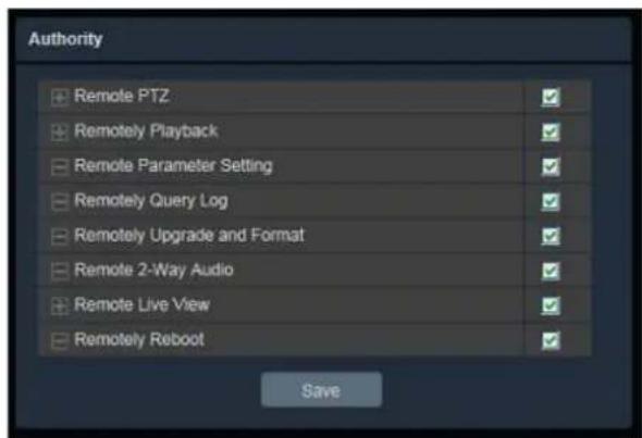 Authority + Remote PTZ + Remotely Playback + Remote Parameter Setting + Remotely Query Log + Remotely Upgrade and Format + Remote 2-Way Audio + Remote Live View + Remotely Reboot Save