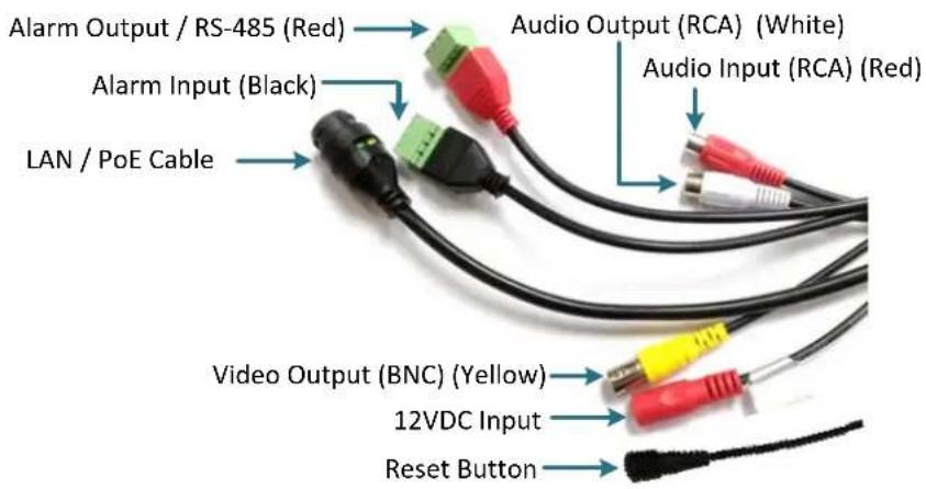 Alarm Output / RS-485 (Red) Alarm Input (Black) LAN / PoE Cable Audio Output (RCA) (White) Audio Input (RCA) (Red) Video Output (BNC) (Yellow) 12VDC Input Reset Button