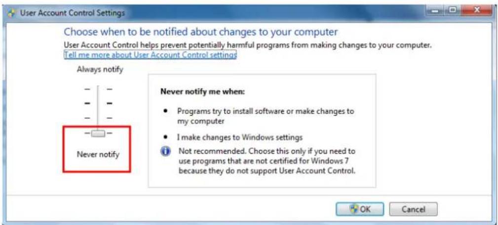 User Account Control Settings Choose when to be notified about changes to your computer User Account Control helps prevent potentially harmful programs from making changes to your computer. Tell me more about User Account Control settings Always notify Never notify Never notify me when: • Programs try to install software or make changes to my computer • I make changes to Windows settings i Not recommended. Choose this only if you need to use programs that are not certified for Windows 7 because they do not support User Account Control.