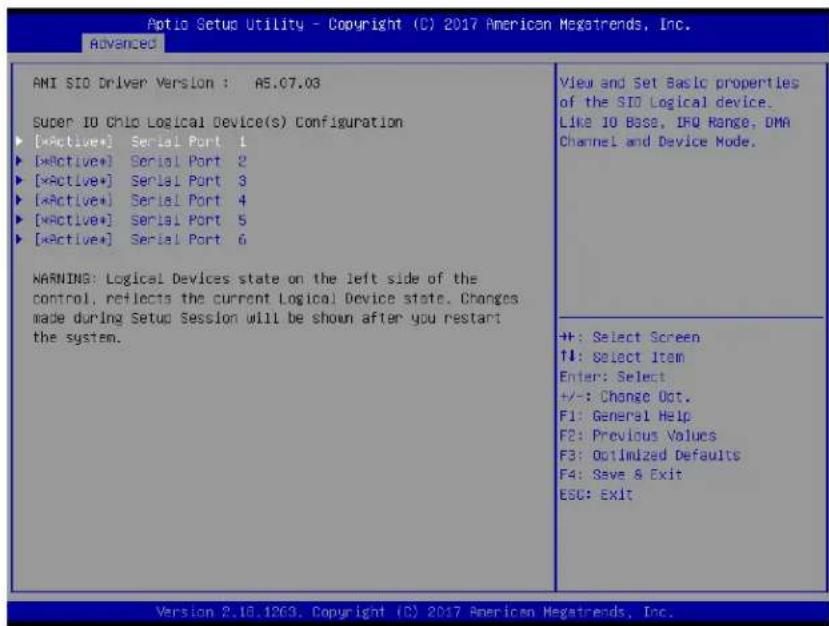 Aptio Setup Utility - Copyright (C) 2017 American Megatrends, Inc. Advanced AMI SID Driver Version : AS.07.03 Super IO Chio Logical Device(s) Configuration [×Active+] Serial Port 1 [×Active+] Serial Port 2 [×Active+] Serial Port 3 [×Active+] Serial Port 4 [×Active+] Serial Port 5 [×Active+] Serial Port 6 WARNING: Logical Devices state on the left side of the control, reflects the current Logical Device state. Changes made during Setup Session will be shown after you restart the system. View and Set Basic properties of the SID Logical device. Like IO Base, IRQ Range, DMA Channel and Device Mode. ++: Select Screen ++: Select Item Enter: Select +/-: Change Out. F1: General Help F2: Previous Values F3: Optimized Defaults F4: Save & Exit ESC: Exit Version 2.10.1269. Copyright (C) 2017 American Megatrends, Inc.