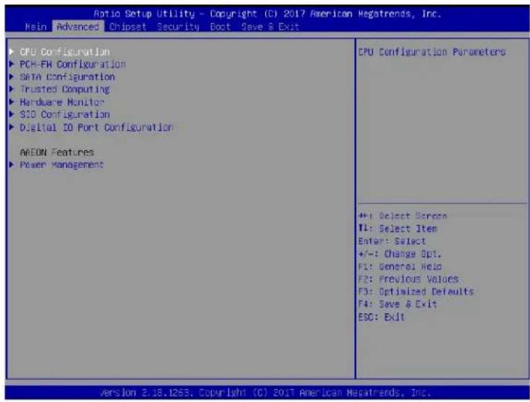 Antio Setup Utility - Copyright (C) 2017 American Regatrends, Inc. Main Advanced Chipset Security Boot Save & Exit CPU Configuration PCH-FH Configuration SATA Configuration Trusted Computing Hardware Monitor S1D Configuration Digital IO Port Configuration AMON Features Power Management CPU Configuration Parameters ++: Select Screen TI: Select Item Enter: Select +/-: Change Opt. F1: General Help F2: Previous Values F3: Optimized Defaults F4: Save & Exit ESC: Exit Version 2.18.1263. Copyright (C) 2017 American Regatrends, Inc.