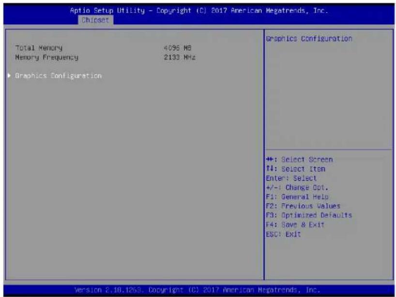 Aptio Setup Utility - Copyright (C) 2017 American Megatrends, Inc. Chipset Total Memory 4096 MB Memory Frequency 2133 MHz Graphics Configuration Graphics Configuration +: Select Screen F1: Select Item Enter: Select +/-: Change Opt. F1: General Help F2: Previous Values F3: Optimized Defaults F4: Save & Exit ESC: Exit Version 2.18.1253, Copyright (C) 2017 American Megatrends, Inc.