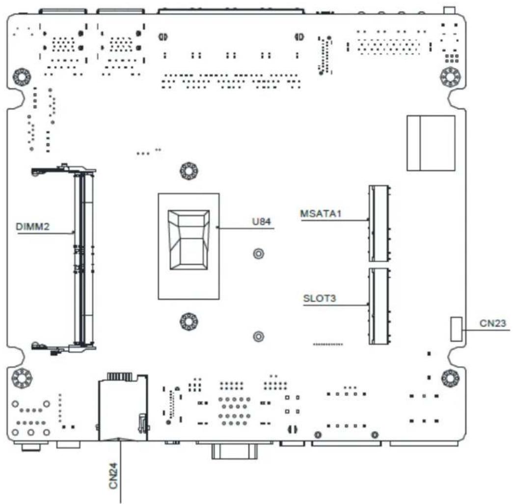 Technical schematic diagram of a device layout with labeled components such as DIMM2, U84, MSATA1, and SLOT3.