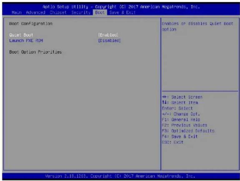 Aptio Setup Utility - Copyright (CI) 2017 American Megatrends, Inc. Main Advanced Chioset Security Boot Save & Exit Boot Configuration Quiet Boot [Enabled] Launch PXE ROM [Disabled] Boot Option Priorities Enables or disables Quiet Boot option ++: Select Screen 14: Select Item Enter: Select +/-: Change Dot. F1: General Help F2: Previous Values F3: Optimized Defaults F4: Save & Exit ESC: Exit Version 2.18.1263, Copyright (CI) 2017 American Megatrends, Inc.