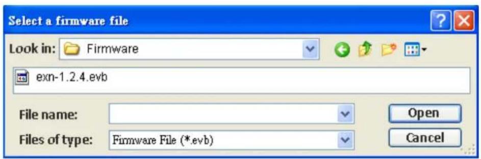 Select a firmware file Look in: Firmware exn-1.2.4.evbl File name: Files of type: Firmware File (*.evbl) Open Cancel