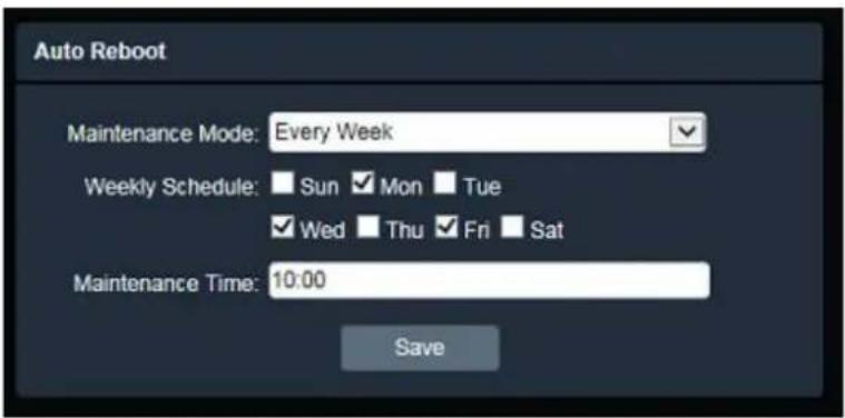 Auto Reboot Maintenance Mode: Every Week Weekly Schedule: Sun Mon Tue Wed Thu Fri Sat Maintenance Time: 10:00 Save
