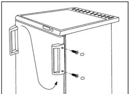 Line drawing of a kitchen appliance with handle, door, and outlet (no text or symbols)