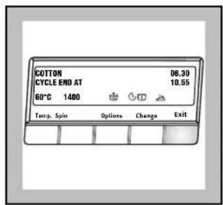COTTON 08.30 CYCLE END AT 10.55 60°C 1400 Temp. Spin Options Change Exit