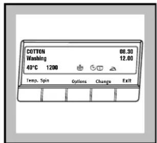COTTON Washing 40°C 1200 Temp. Spin Options Change Exit 08.30 12.60