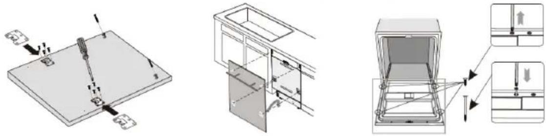 Technical diagram showing three-step assembly of a door panel with tool, cross-section, and internal components, including directional arrows and component labels.