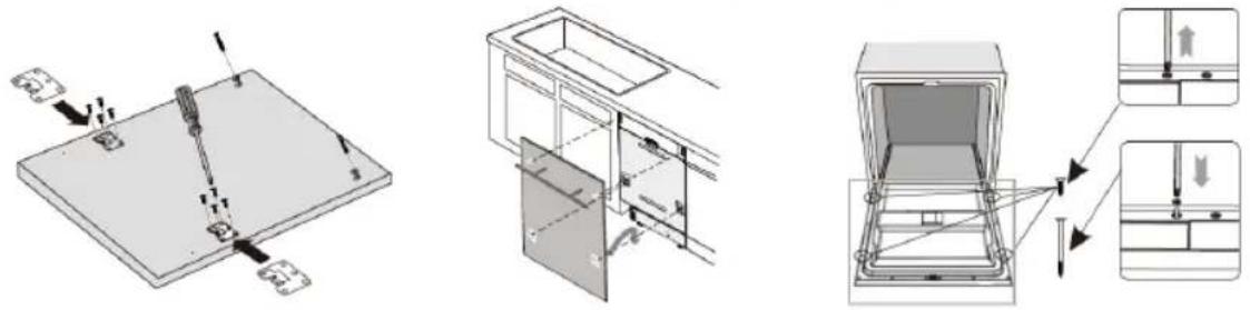 Technical diagram showing three views of a kitchen appliance with labeled components and directional arrows indicating assembly or inspection.