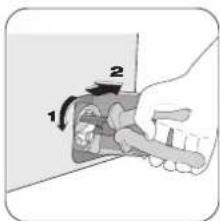 Diagram showing a hand holding a device with labeled parts 1 and 2, indicating a step in operation.